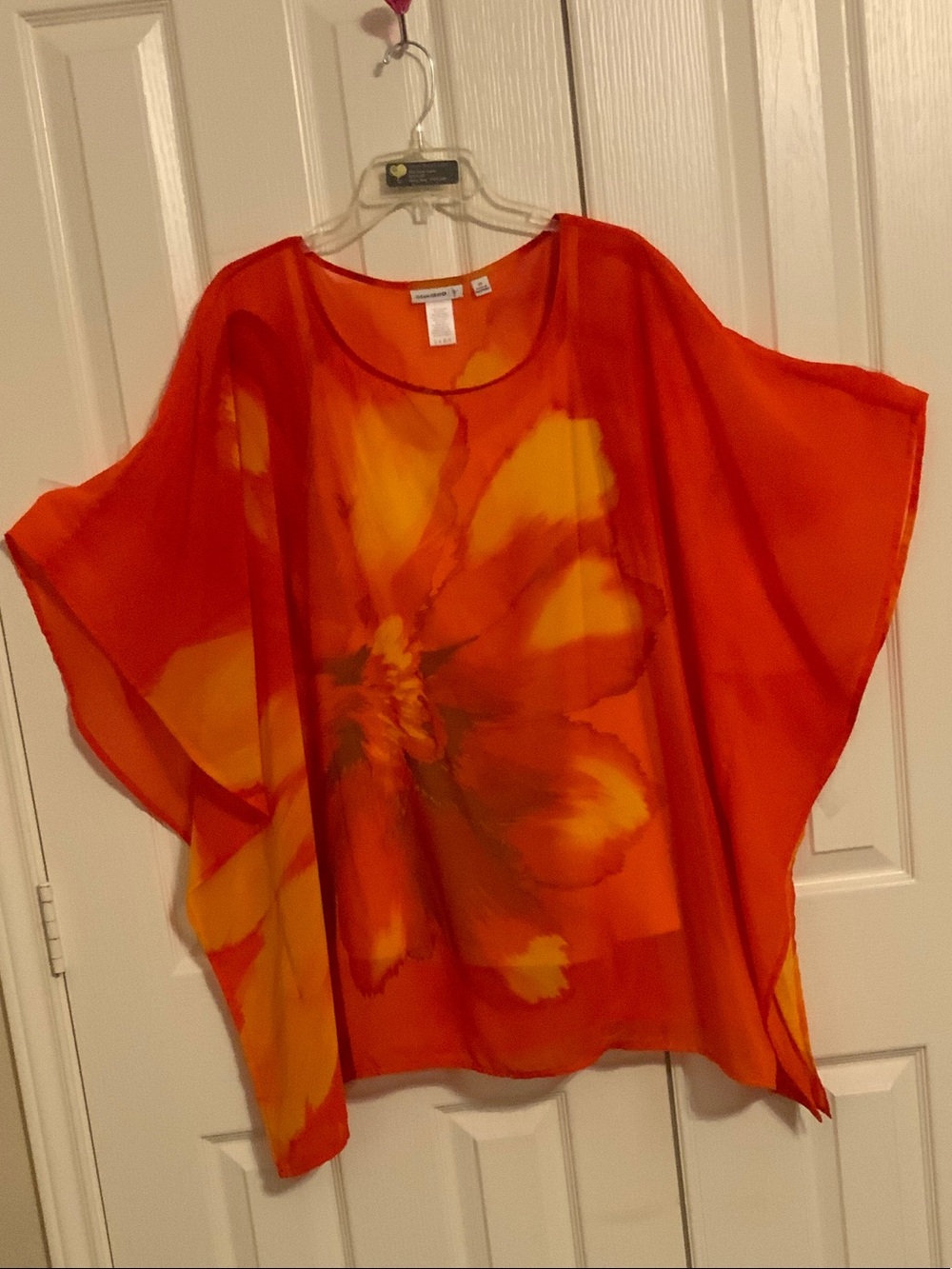 Susan Graver Orange Sheer Floral Tunic with Yellow Bloom = 2X